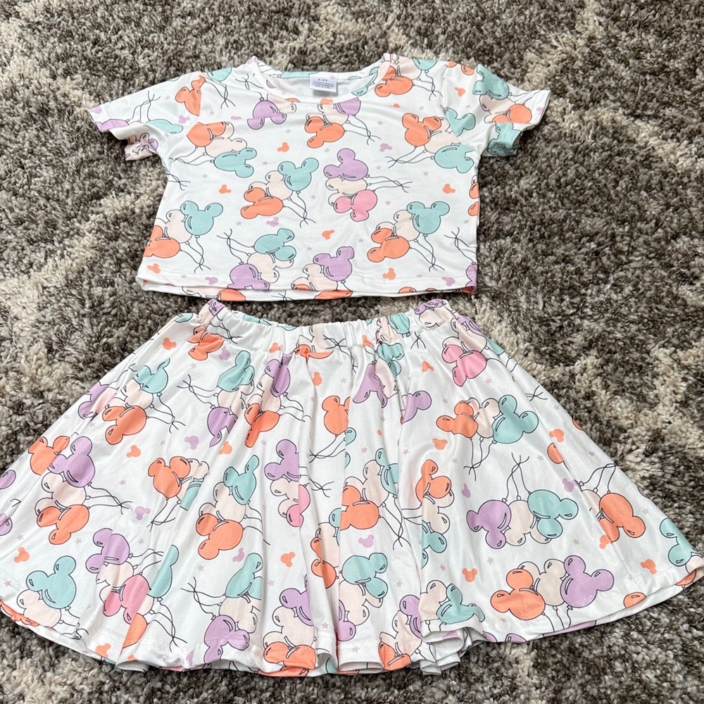 Disney themed White Cropped Tee and Skirt Set with Pastel Balloon Print